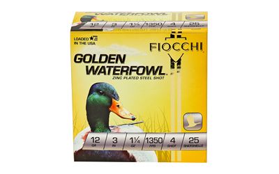 Fiocchi Ammunition Golden Waterfowl, 12 Gauge, 3", #4, Steel Shot, 25 Round Box 123SGW4